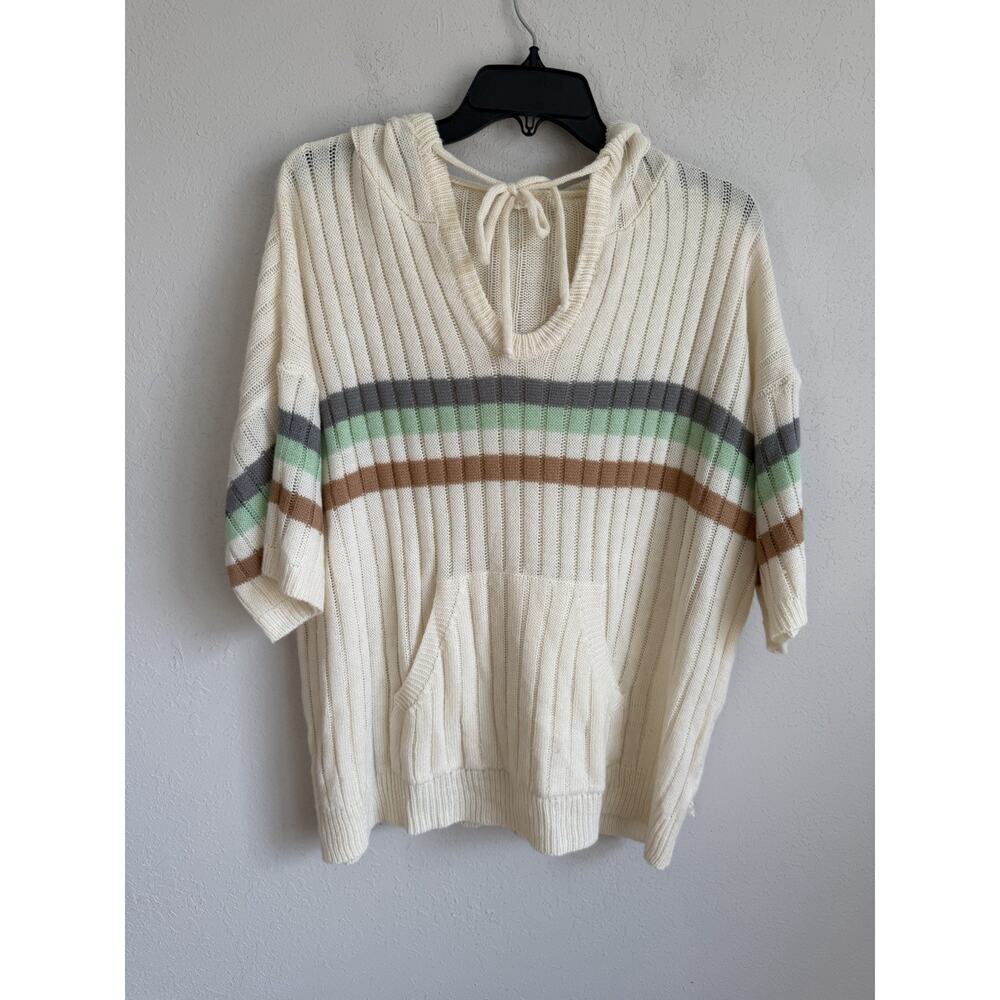 BiBi Cream Multi Stripe Blocking Short Sleeve Sweater Hoodie Womens L Swim Cover